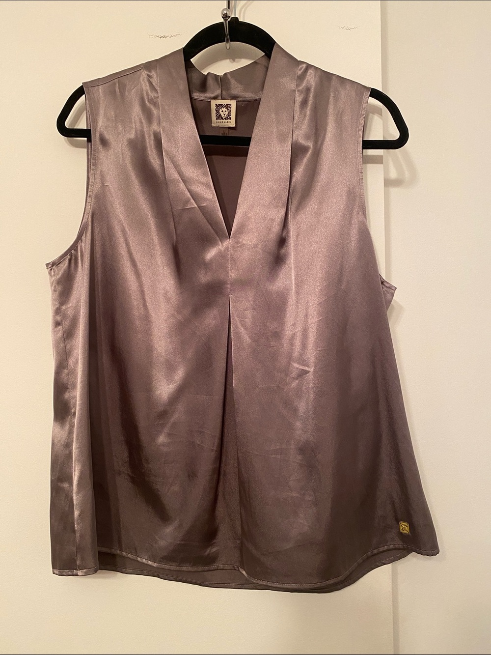 Anne Klein Satin V-Neck Sleeveless Shell - Taupe Gray